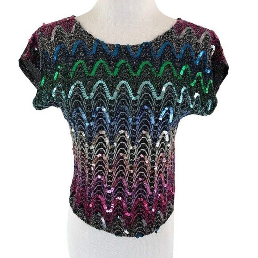 Rhoda Lee Metallic and Sequin Evening Blouse Boat Neck Size Small Vintage